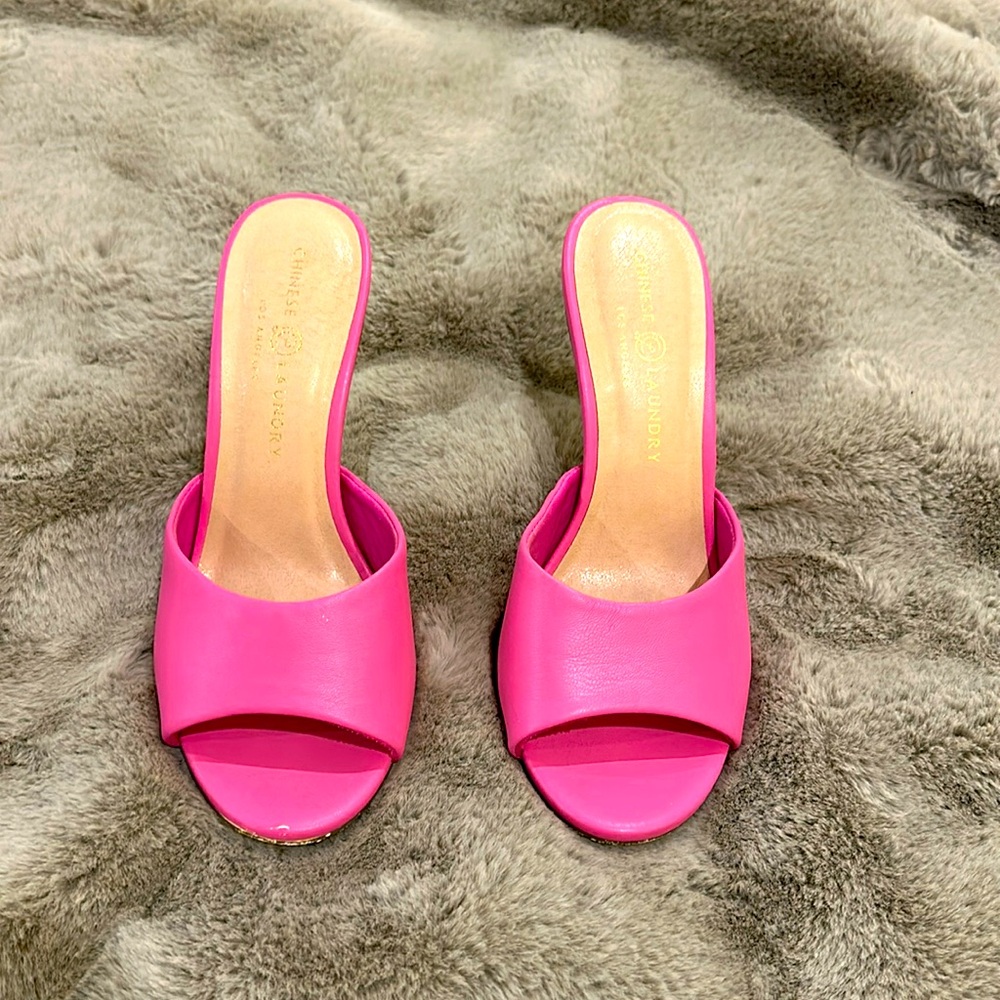 Pink open toe heel mules